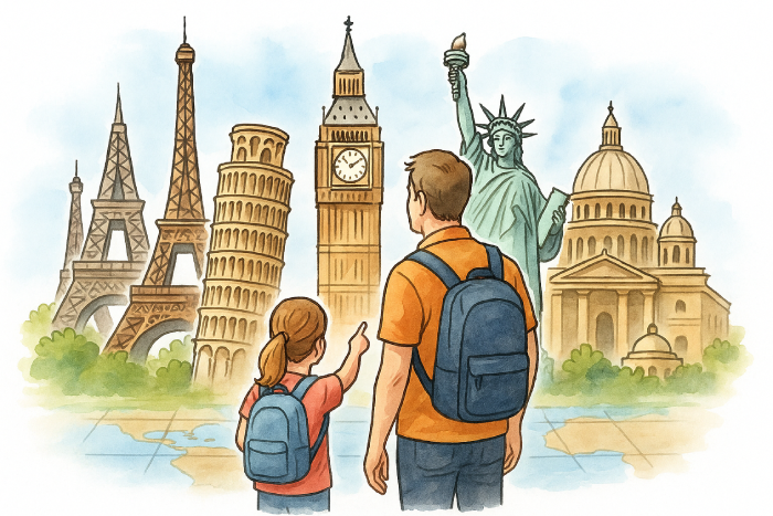 Father and child looking at attractions across the globe